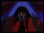 a pixel art of a monster with a blue light behind it .