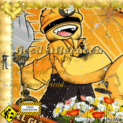 a cartoon of a construction worker with the words good afternoon on it
