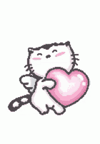a pixel art cat is holding a pink heart in its paws .