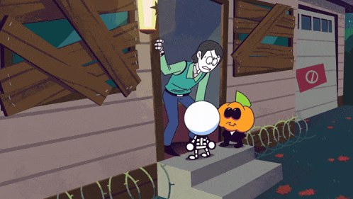 a cartoon of a man and a pumpkin standing on a porch