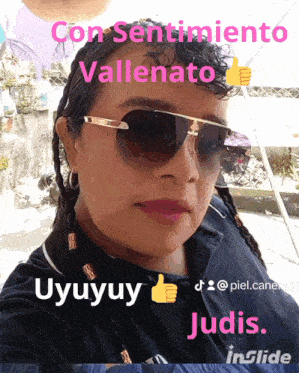 a woman wearing sunglasses with the words con sentimiento vallenato on the bottom