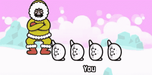 a cartoon of a man standing next to a row of cats with the word you in the bottom right corner