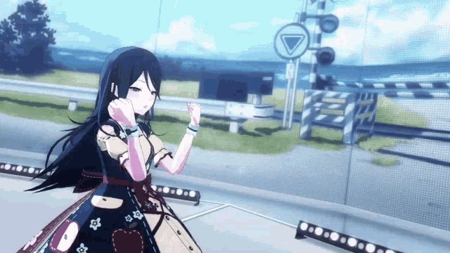 a girl in a dress is standing in front of a railroad crossing sign