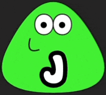 a green cartoon character with big eyes and a j on its mouth .