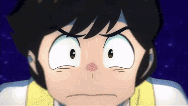 a close up of a cartoon character 's face with a surprised look on his face