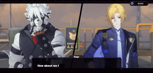 a screenshot of a video game shows two characters talking to each other one of whom is named hugo