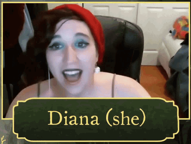 a woman sitting in a chair with the name diana on the bottom