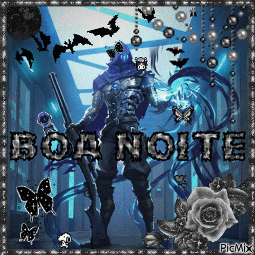 a picture of a man holding a gun with the words boa noite above him