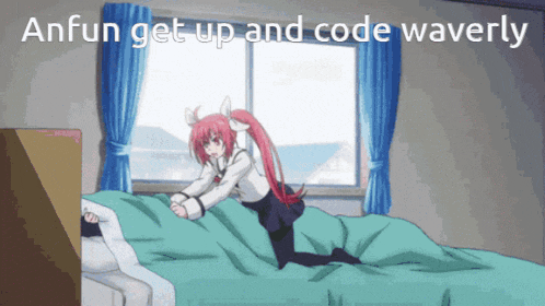 a girl is kneeling on a bed with the words anfun get up and code waverly
