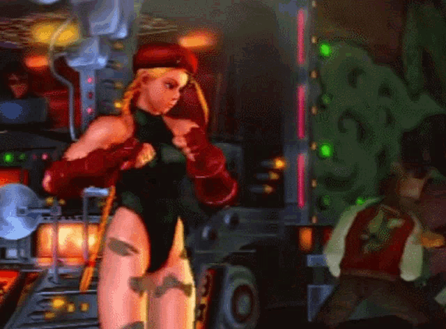cammy from street fighter is standing in front of a man in a red jacket