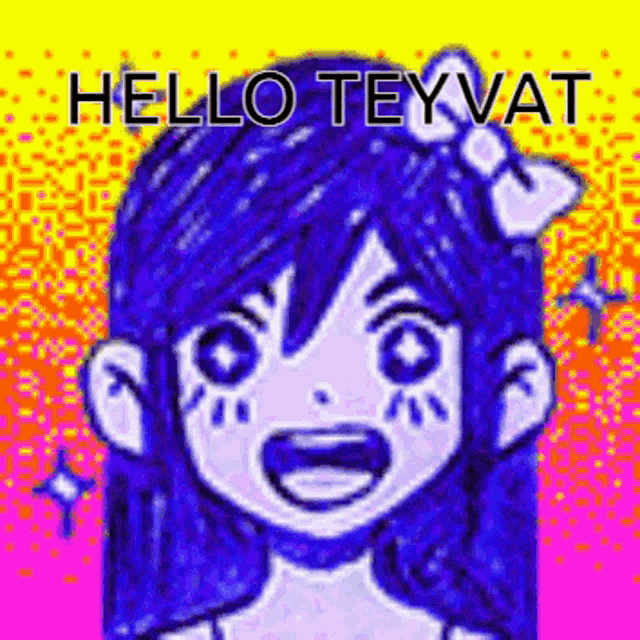a cartoon girl with blue hair and a bow on her head is smiling and says `` hello tey vat '' .