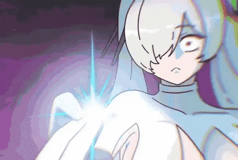 a cartoon drawing of a girl with white hair and a purple background .