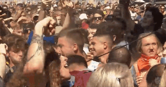 a crowd of people with their hands in the air at a concert .