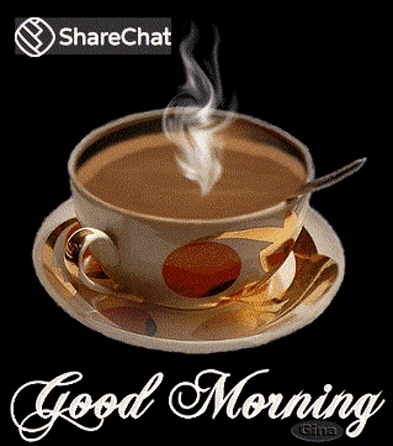 a cup of coffee with steam coming out of it is on a saucer and says good morning