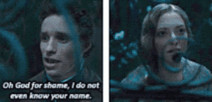 a man and a woman are standing next to each other and the man is saying oh god for shame i do not even know your name