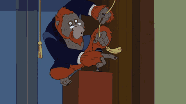 a cartoon of a monkey in a suit and tie holding a banana