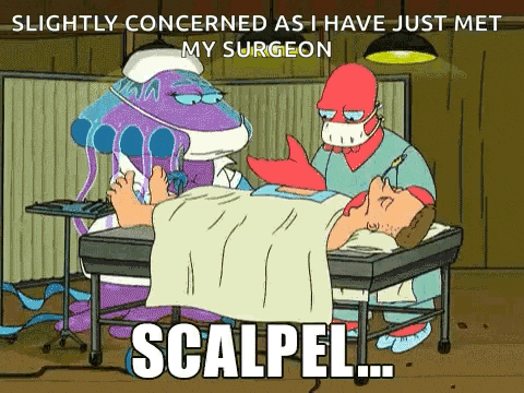 a cartoon of a man being operated on by a surgeon with scalpel written on the bottom of the image