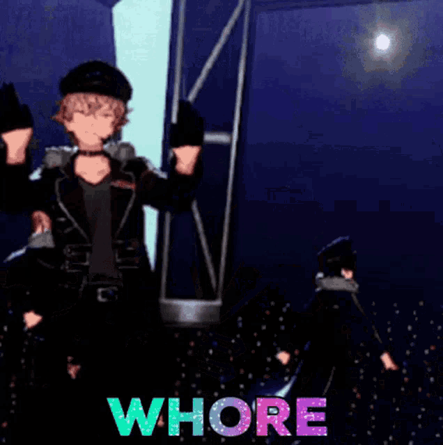 a man in a top hat is standing in front of a mirror with the word whore on it
