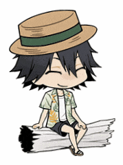 a cartoon character wearing a hat is sitting on a pile of papers .