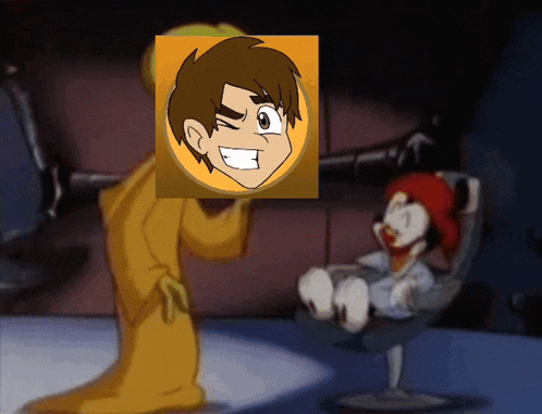 a cartoon of a man standing next to a duck