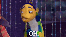 a cartoon fish is saying oh in front of a purple background .