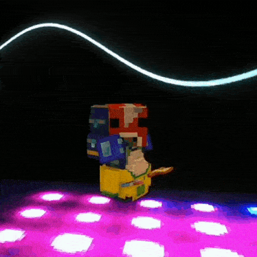 a video game character is dancing on a pink and blue dance floor .