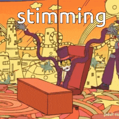 a cartoon drawing of a man sitting in a chair with the words " stimming " written above him