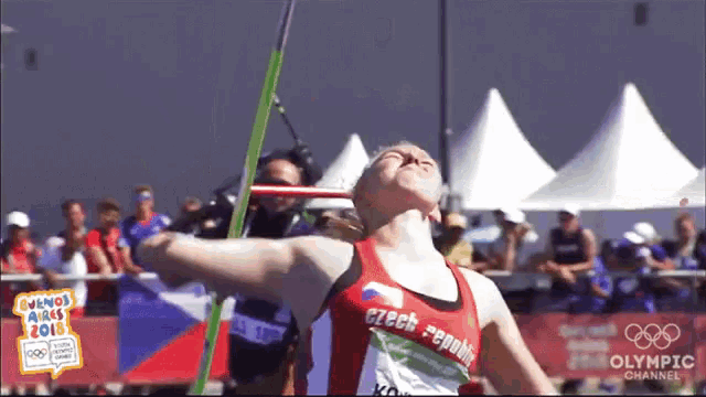 a czech republic athlete throws a javelin in front of an olympic channel sign