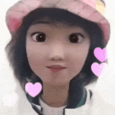 a girl wearing a pink hat and hearts around her neck is making a funny face .