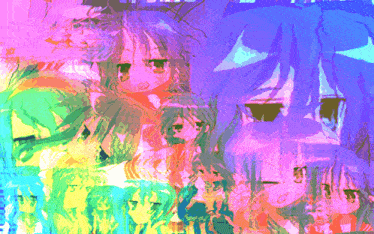a colorful painting of a girl with a purple hair and a rainbow background