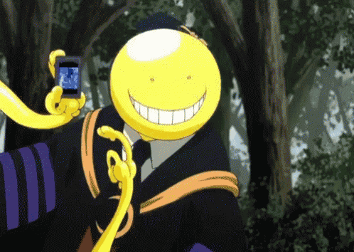 a cartoon character is taking a selfie with a cell phone .