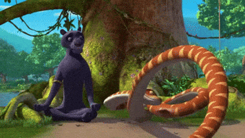 a purple animal sits in a lotus position next to a snake in a cartoon scene