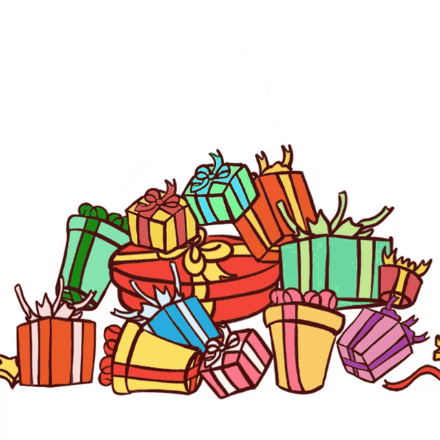 a bunch of colorful gifts are stacked on top of each other on a white background