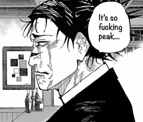 a black and white drawing of a man crying with a speech bubble that says `` it 's so fucking peak ... ''