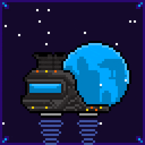 a pixel art illustration of a space ship with a blue planet in the background