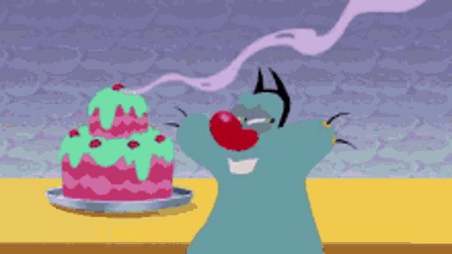 a cartoon character is holding a cake with a cherry on top ..