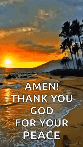 a sunset over a beach with palm trees and the words `` amen ! thank you god for your peace ''