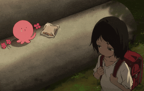 a girl with a red backpack stands next to a pink octopus and flowers