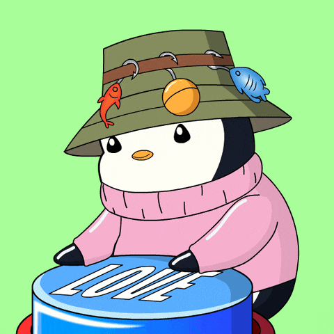 a penguin wearing a hat and a pink sweater is sitting on a blue can that says love