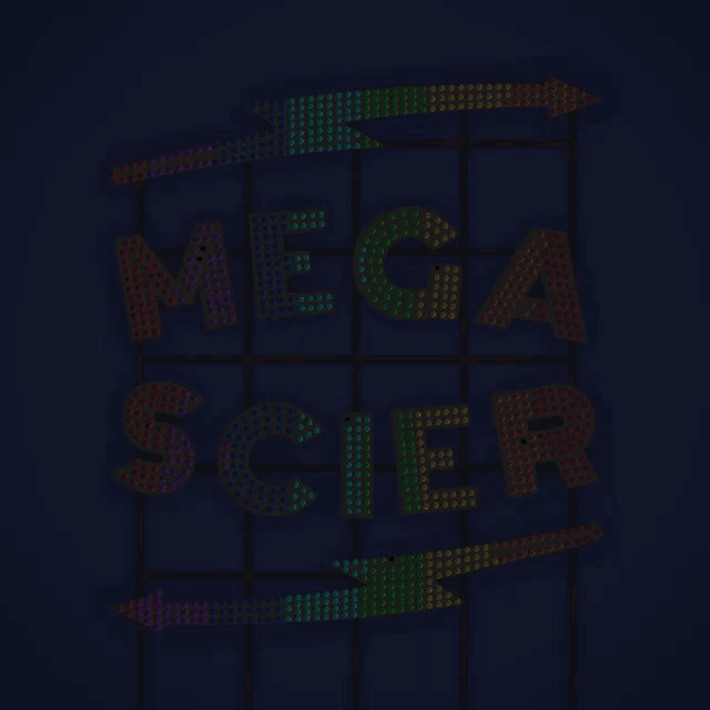 a sign that says mega scier with rainbow lights