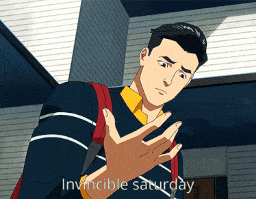 a cartoon of a man with the words invincible saturday on the bottom