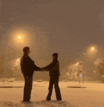 a man and a woman are holding hands in the snow