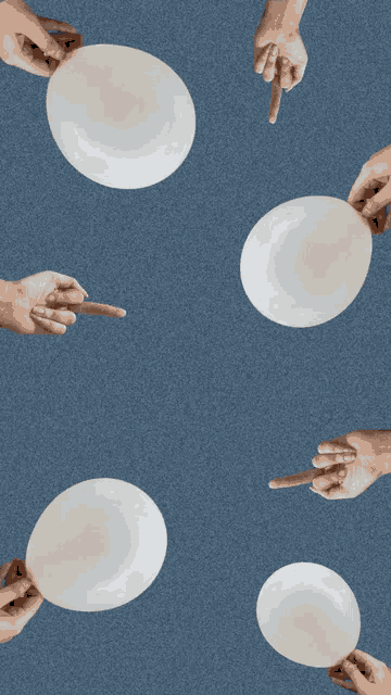 a collage of hands pointing at a balloon on a blue background