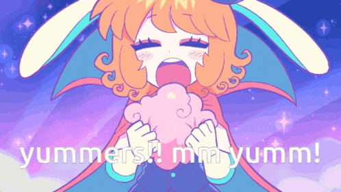 a pixel art of a girl eating cotton candy with the words " yummers ! mm yumm ! " below her