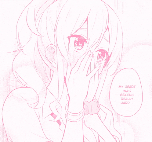 a pink and white drawing of a girl with the words " my heart was beating really hard " on the bottom