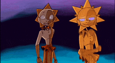 a couple of cartoon characters standing next to each other on a blue background .