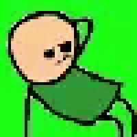 a cartoon character is sitting on a green chair with a green background .