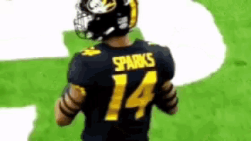 a football player wearing a black jersey with the number 14 on it