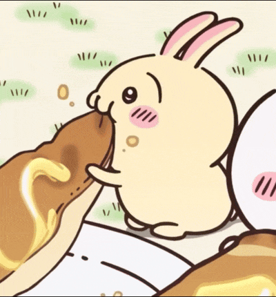 a cartoon rabbit is eating a piece of bread with honey on it