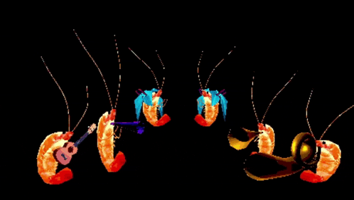 a computer generated image of shrimp playing instruments including a guitar